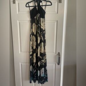 Black, Aqua, and Cream Halter Dress.